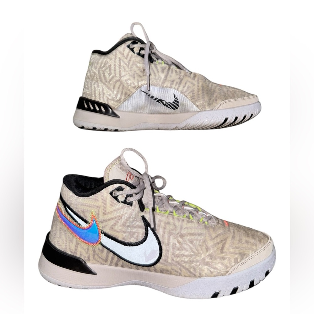 Nike Beige High-Top Sneakers with Iridescent Blue Swoosh